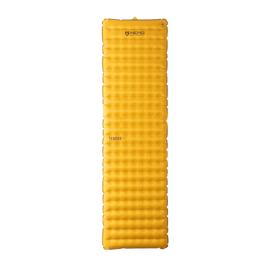 Yellow sleeping pad with 'Nemo' branding on a white background
