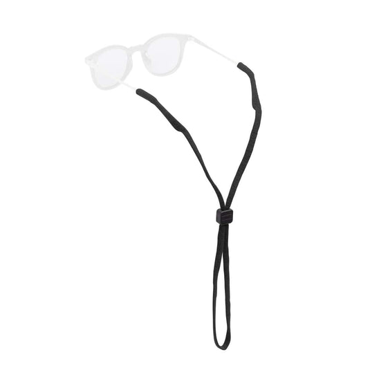 White sunglasses with a black cord on a white background