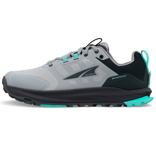 Gray and black trail running shoe with teal accents on a white background
