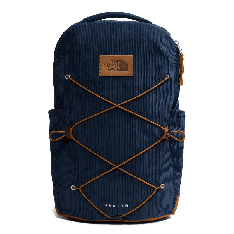 Load image into Gallery viewer, Blue backpack with brown accents and The North Face logo on a white background