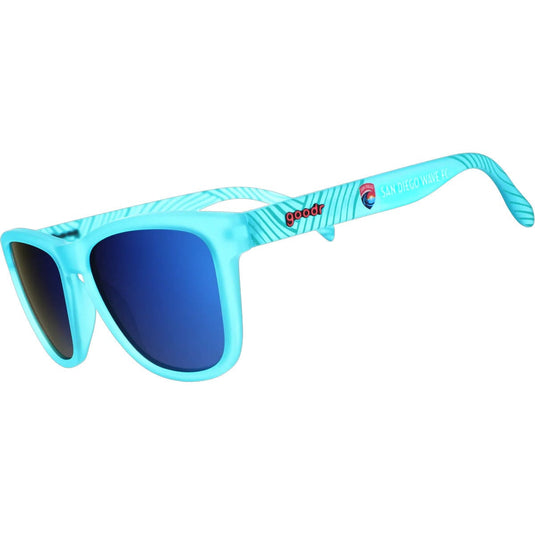 Blue sunglasses with a striped frame on a white background
