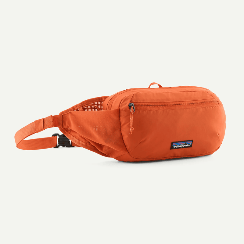 Load image into Gallery viewer, Orange waist bag with Patagonia logo on a white background