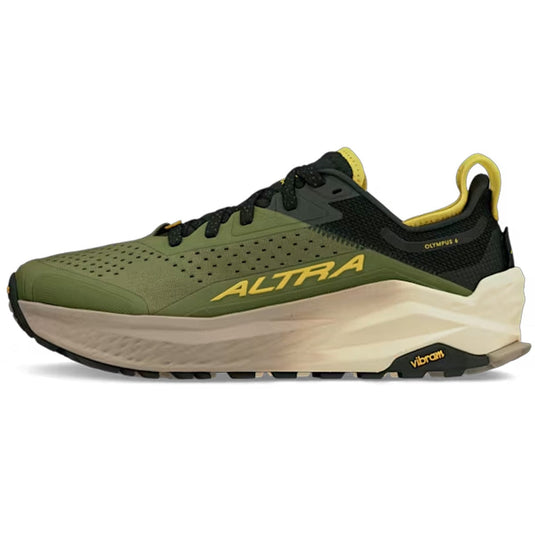 Green and black running shoe with 'Altra' branding on a white background