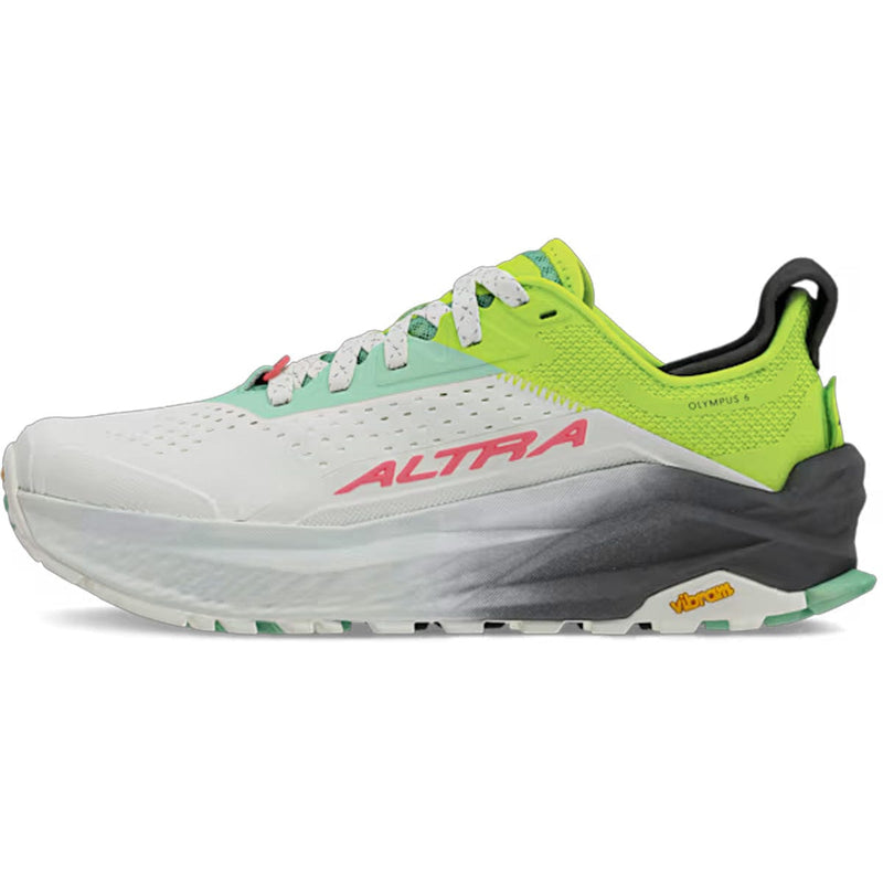 Load image into Gallery viewer, White running shoe with green and gray accents on a white background
