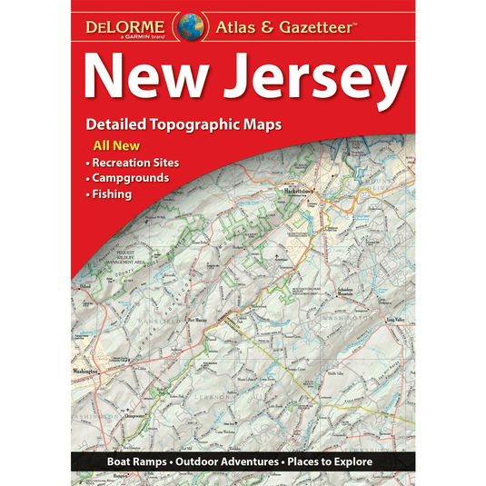 Map of New Jersey with Delorme branding on a red background