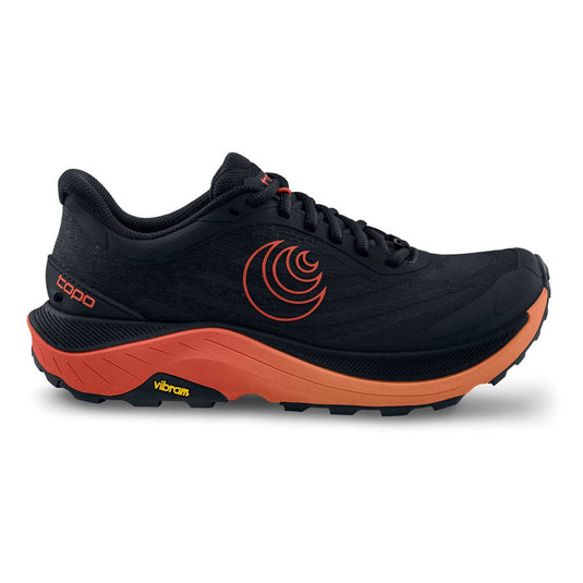 Black and orange running shoe with visible branding on a white background