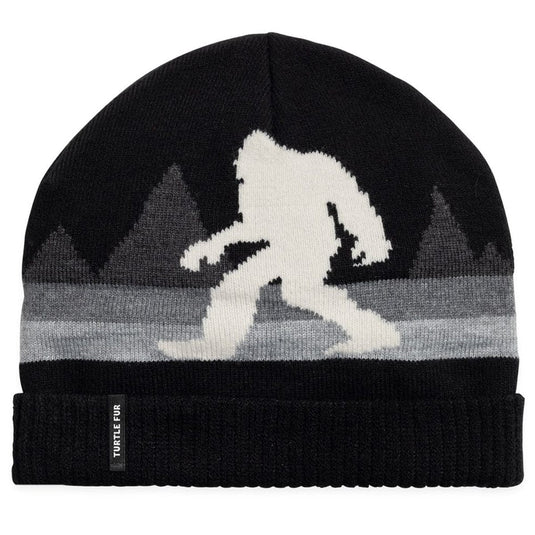 Black beanie with a white Bigfoot design on a white background