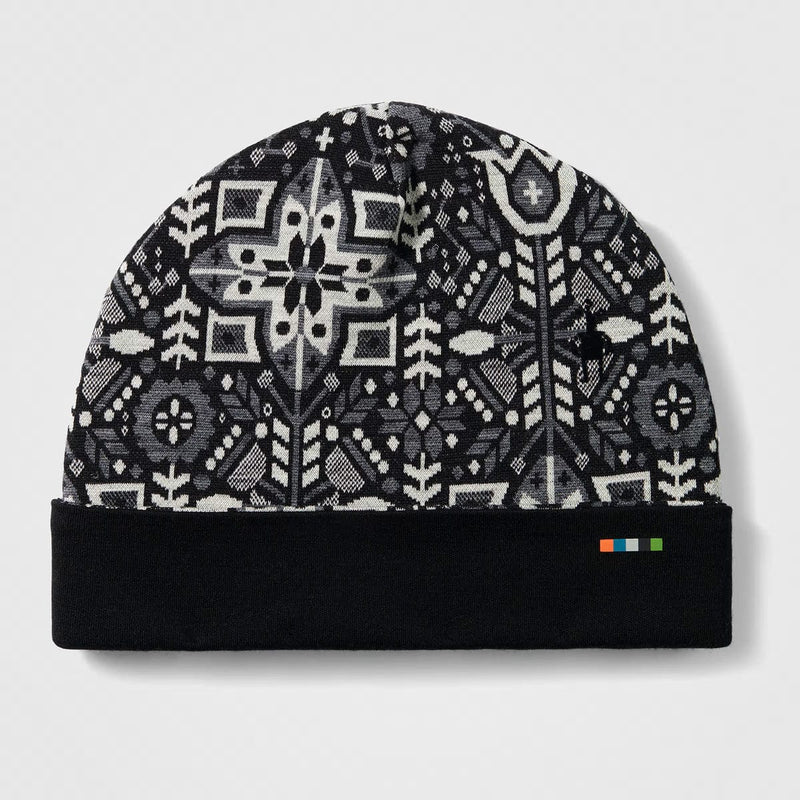 Load image into Gallery viewer, Black beanie with white geometric pattern on a light gray background