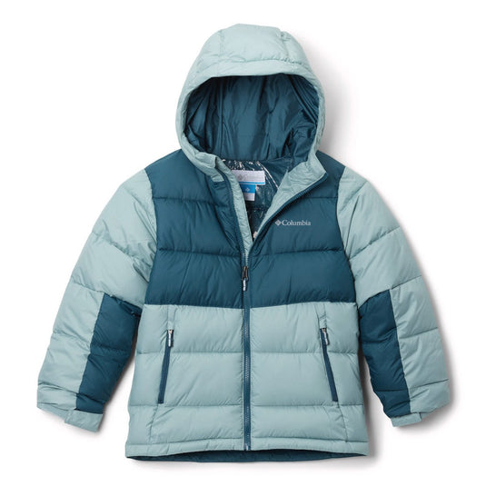 Children's puffer jacket with a hood in blue and gray on a white background