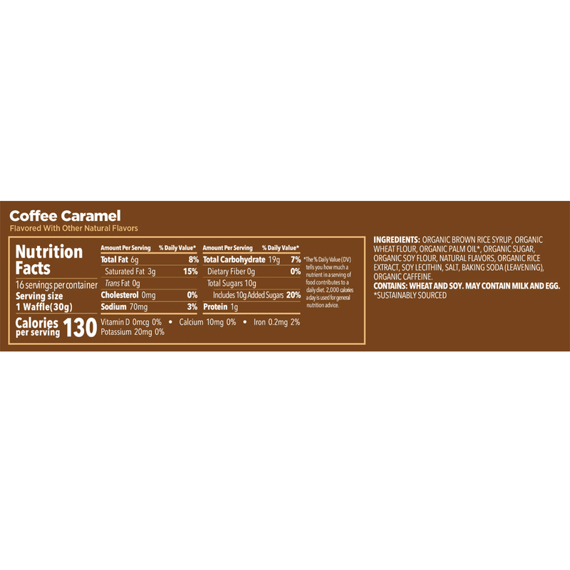 Load image into Gallery viewer, A coffee caramel flavor nutrition facts label on a white background, showing calories, nutrients, ingredients, and serving information.