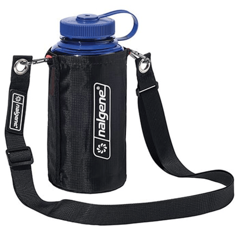 Load image into Gallery viewer, Nalgene water bottle with black carrying case and blue lid on a white background
