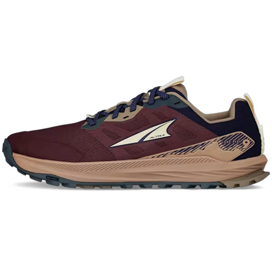 Maroon and beige running shoe with brand logo on a white background