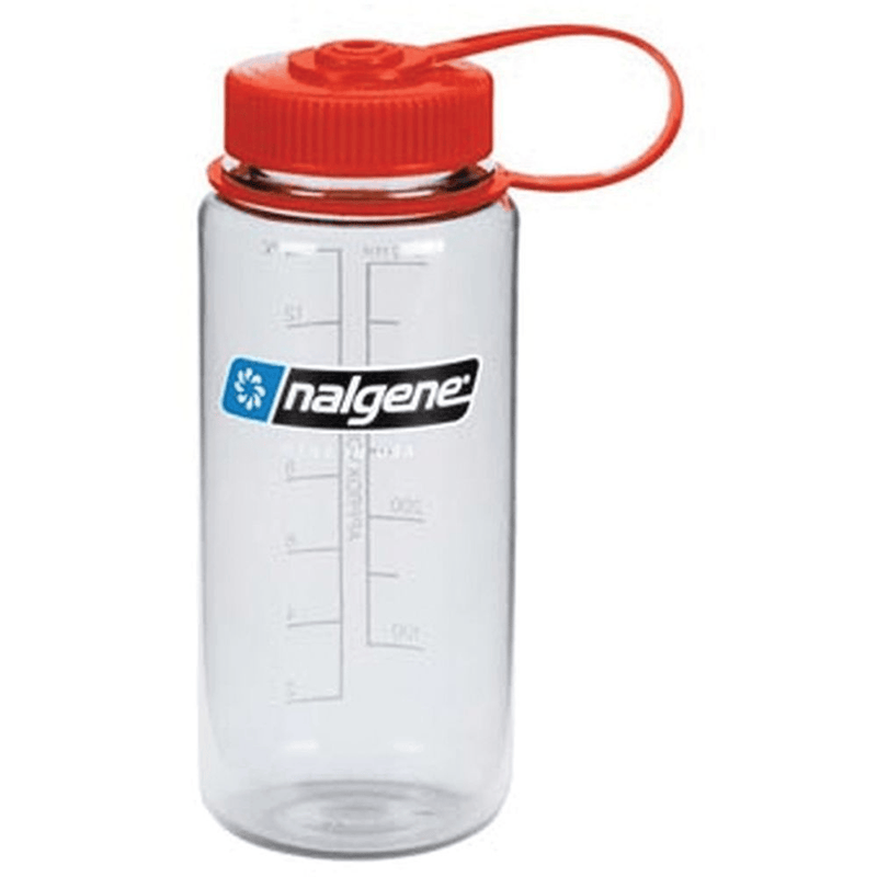 Load image into Gallery viewer, A clear Nalgene water bottle with a bright red screw-on cap and matching red carrying loop, shown on a plain white background.