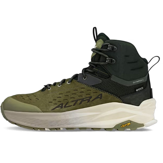 Green and black hiking boot with 'Altra' branding on a white background