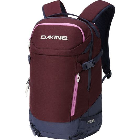 Maroon and navy backpack with pink accents and Dakine logo on a white background
