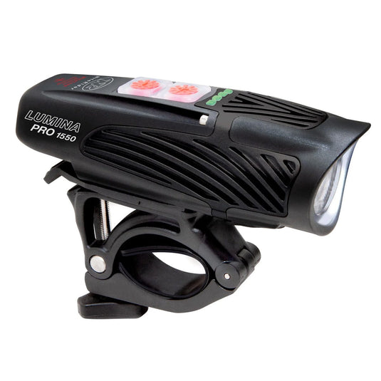 Black bicycle light with 'Lumina Pro 1550' branding on a white background