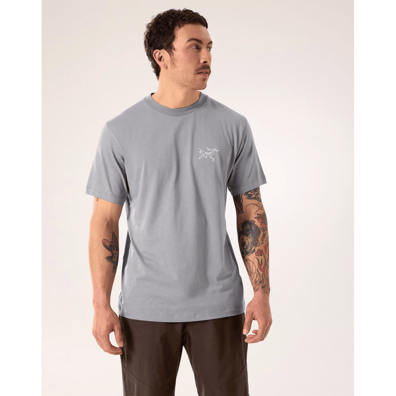 Load image into Gallery viewer, Man wearing a gray t-shirt with a logo on a white background