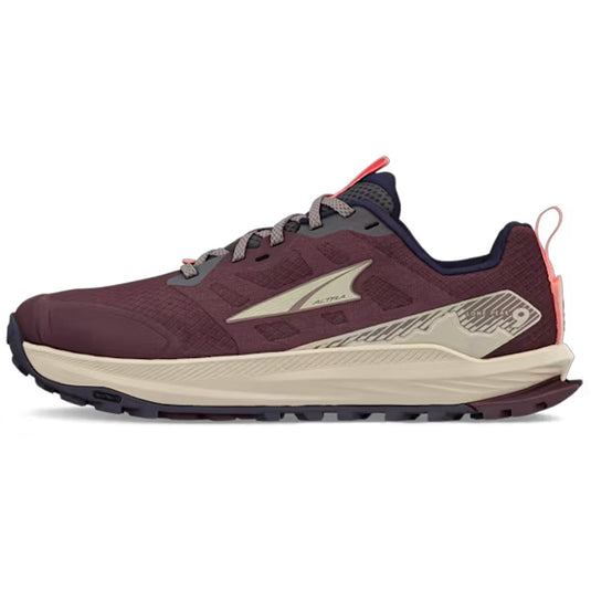 Maroon running shoe with beige sole on a white background