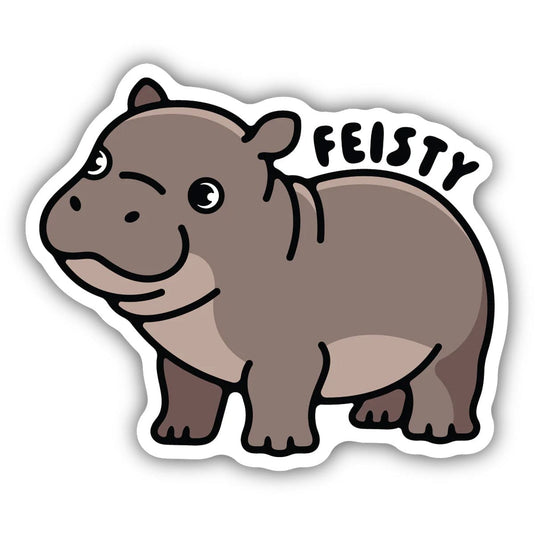 Cartoon hippo sticker with 'FEISTY' text on a white background