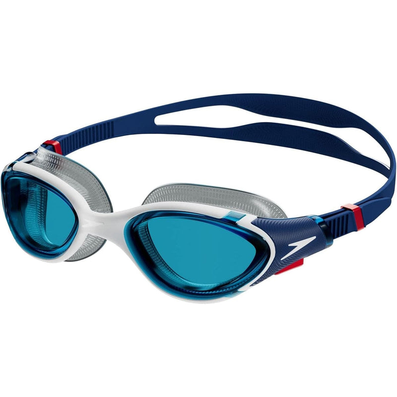 Load image into Gallery viewer, Swimming goggles with blue lenses and a blue strap on a white background