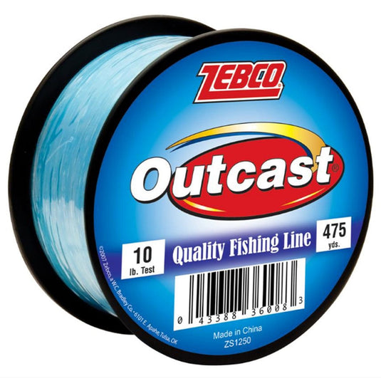 Spool of Zebco Outcast fishing line on a white background
