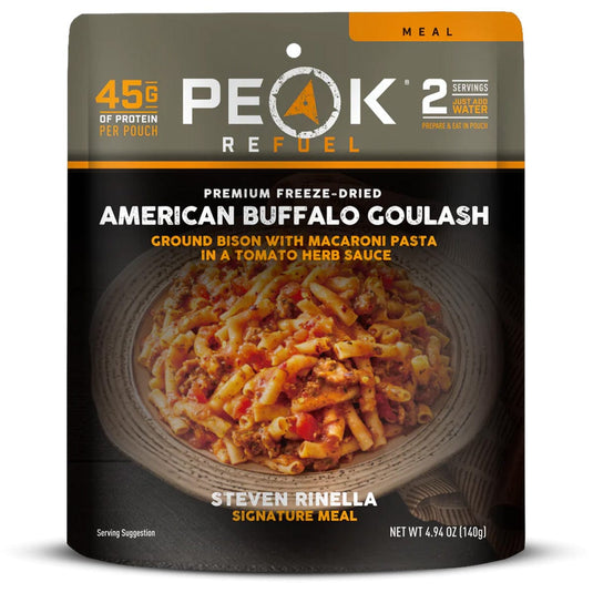 Peak Refuel American Buffalo Goulash freeze-dried meal packaging on a white background