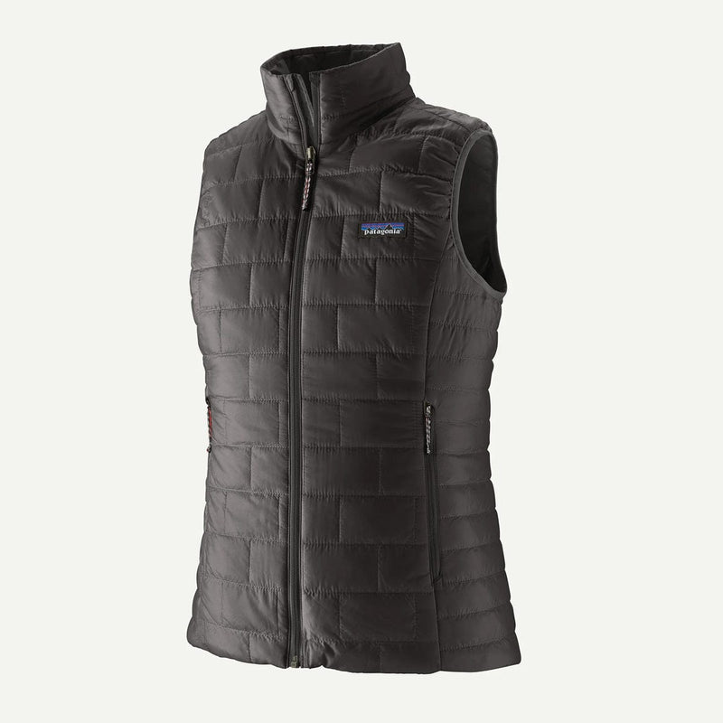 Load image into Gallery viewer, Black quilted vest with Patagonia logo on a white background