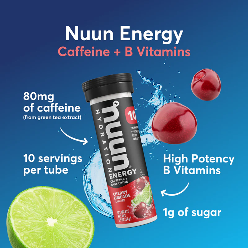 Load image into Gallery viewer, Nuun Energy drink tube with cherry limeade flavor on a blue background