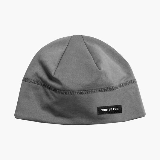 Gray beanie with a brand label on a white background