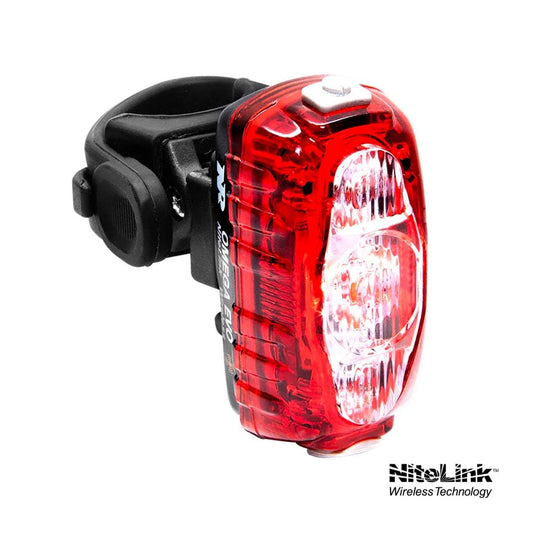 Red bicycle tail light with black clip on a white background, featuring Nitelink branding.