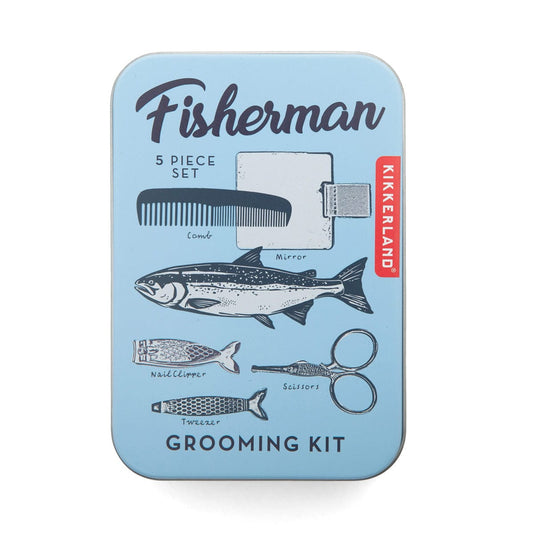 Fisherman grooming kit packaging with illustrations of a fish, comb, mirror, nail clipper, and scissors on a light blue background.