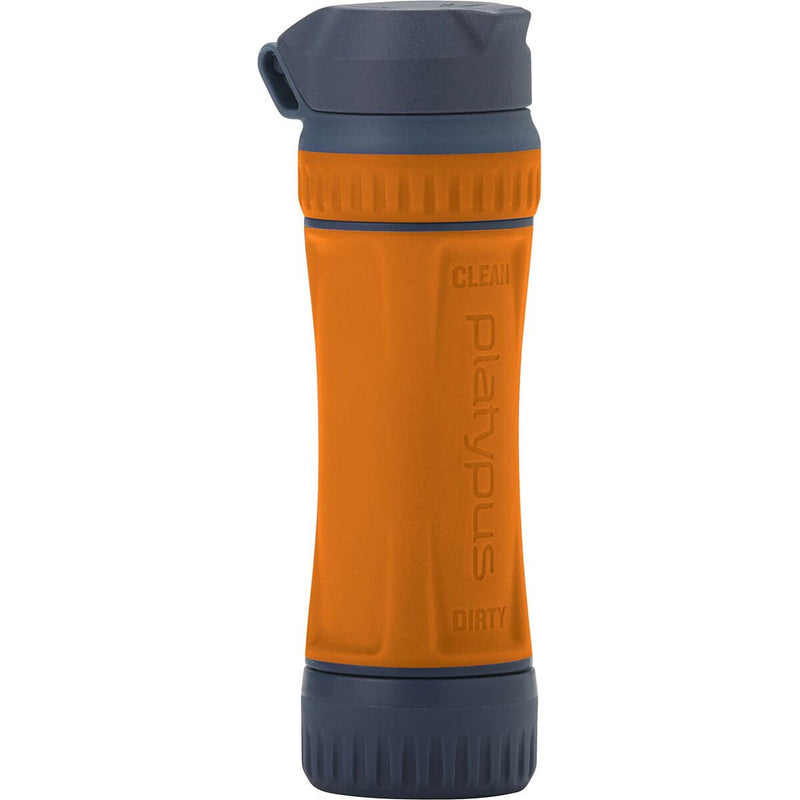 Load image into Gallery viewer, Orange and gray water bottle with 'Platypus' branding on a white background