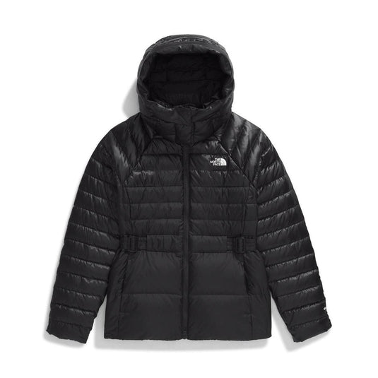 Black puffer jacket with hood on a white background