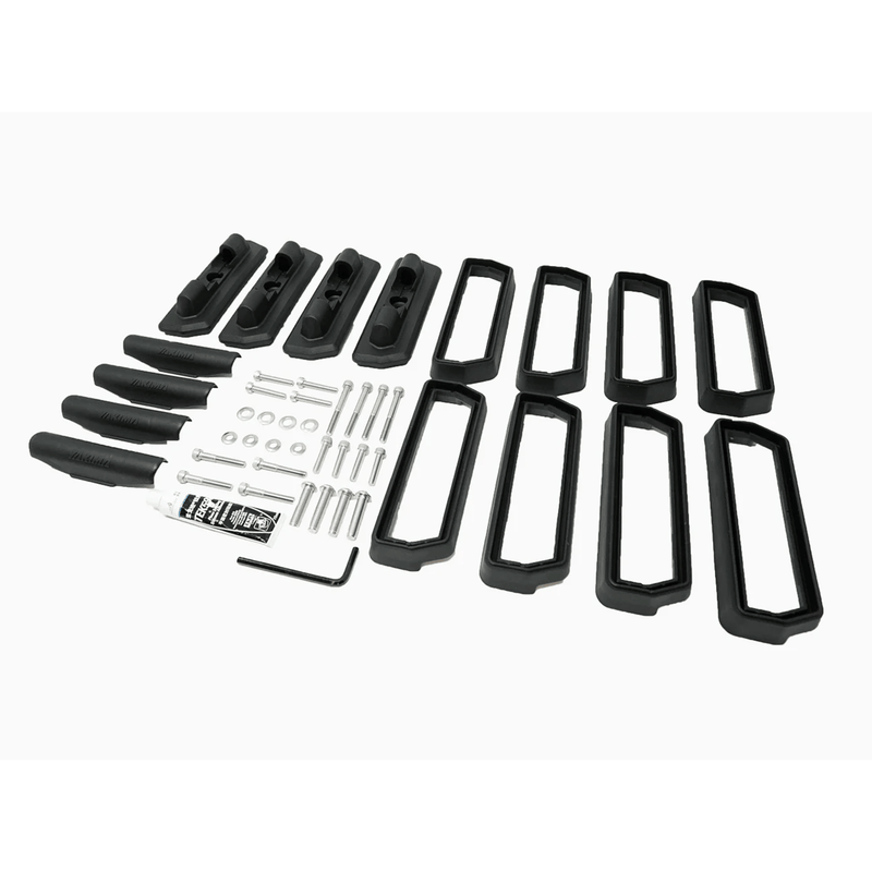 Load image into Gallery viewer, Set of black metal brackets and hardware on a white background