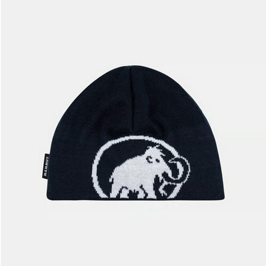 Black beanie with white bear design on a light gray background