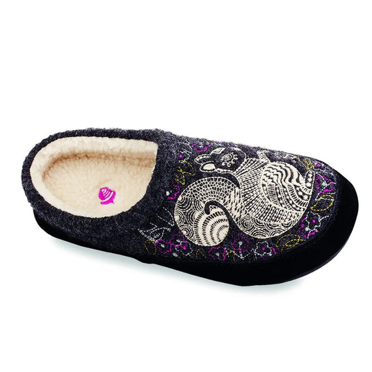 Black slipper with a decorative pattern on a white background