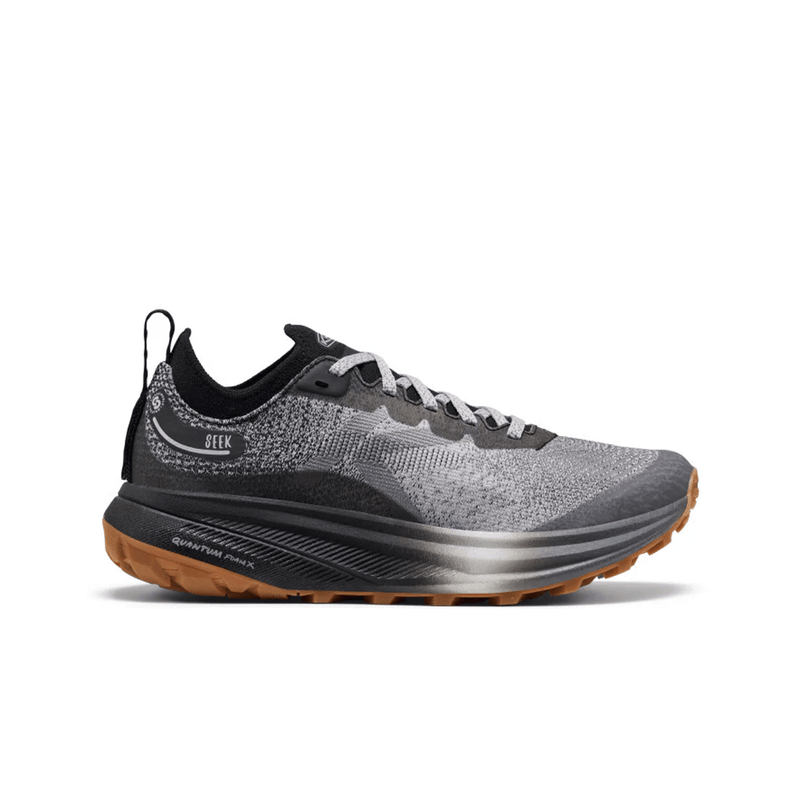 Load image into Gallery viewer, Gray and black running shoe with brown sole on a white background