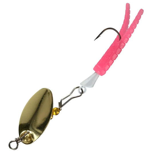 Gold spoon fishing lure with pink ribbings on a white background