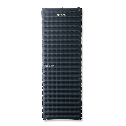 Black inflatable camping mattress with NEMO branding on a white background