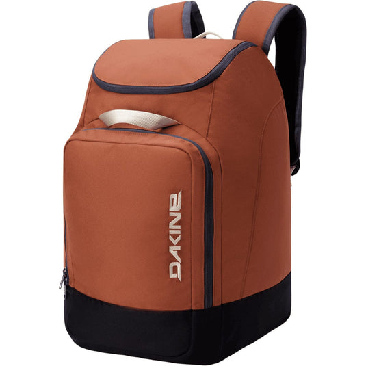 Brown backpack with black accents and Dakine logo on a white background