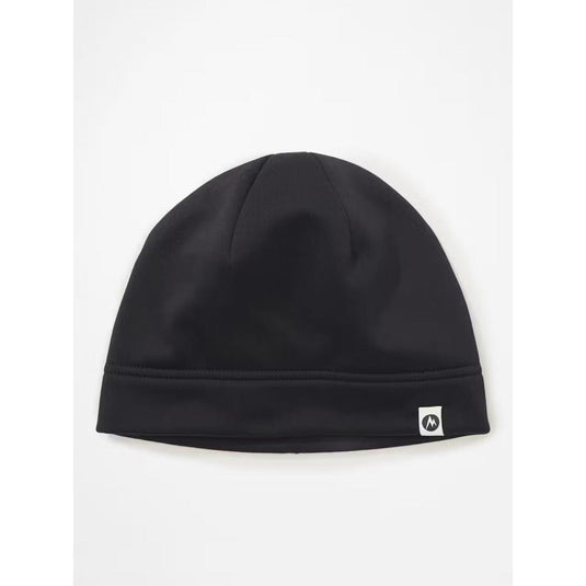 Black beanie with a logo on a white background