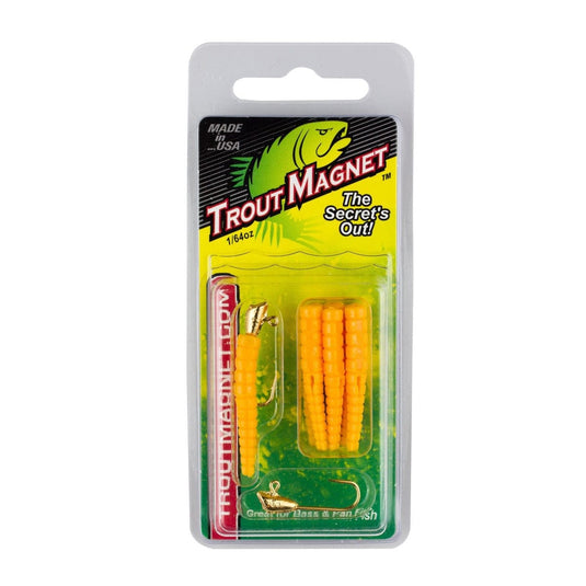 Trout Magnet fishing lure packaging with yellow lures on a white background