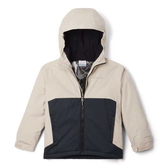 Two-tone beige and black jacket with a hood on a white background