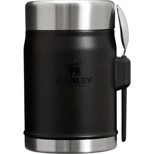 Black Stanley insulated food jar with silver lid on a white background