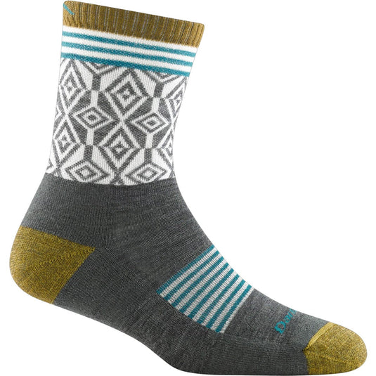 Gray sock with geometric pattern and green accents on a white background