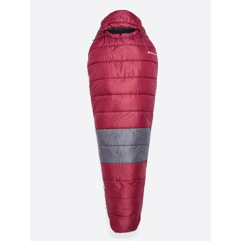 Load image into Gallery viewer, A red mummy-style sleeping bag with a gray horizontal band near the foot, shown on a light gray background.