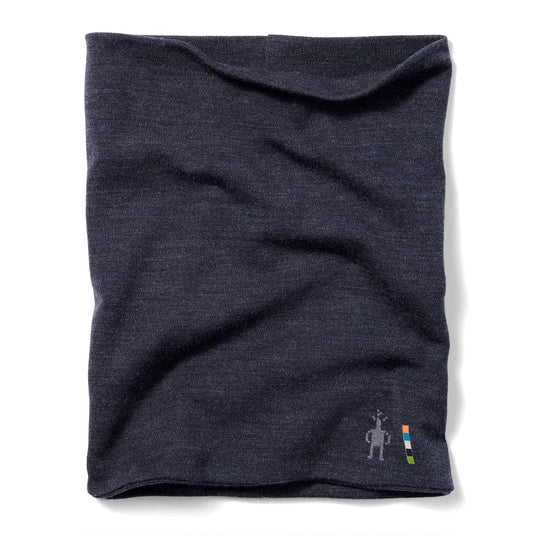 Dark gray neck gaiter with a brand logo on a white background