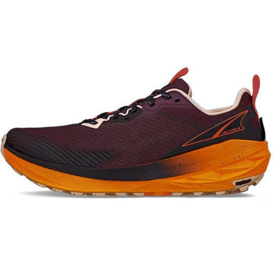 Maroon and orange running shoe on a white background