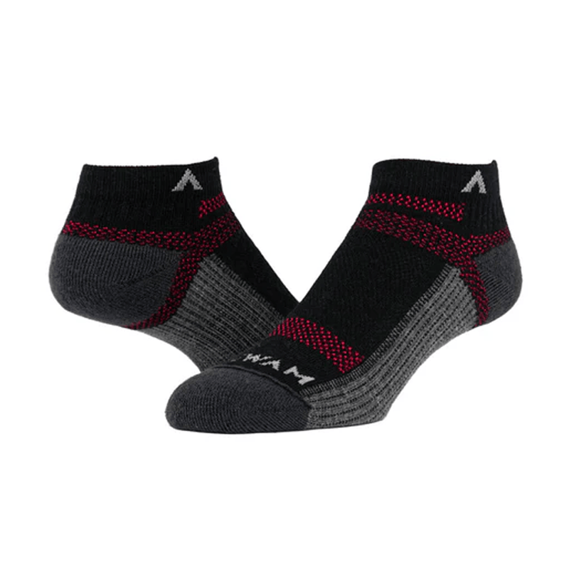 Load image into Gallery viewer, Pair of black and gray socks with red accents on a white background