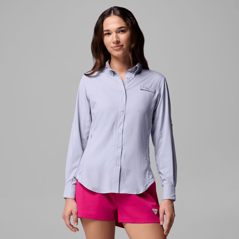 Load image into Gallery viewer, Woman wearing a light purple button-up shirt and pink shorts on a gray background